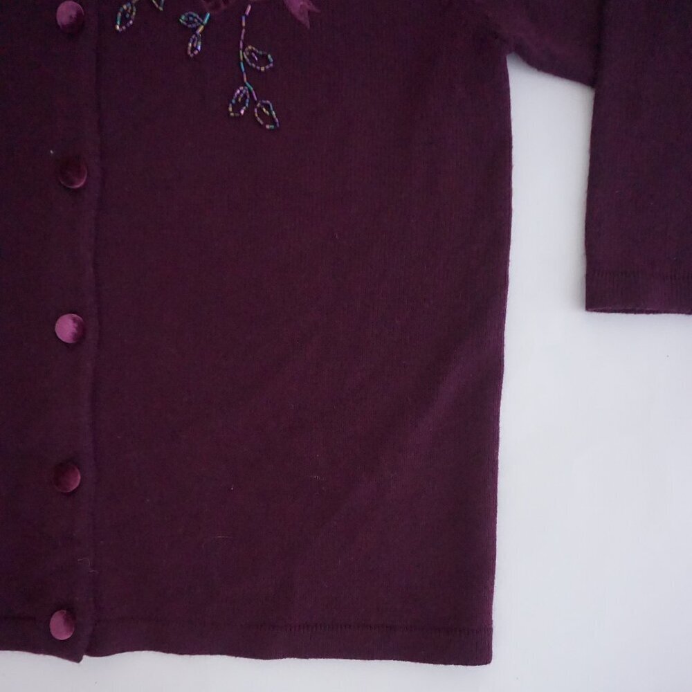 Vintage Alfred Dunner Plum Beaded Floral Bow Embroidered Wool Knit Cardigan M - Picture 5 of 10